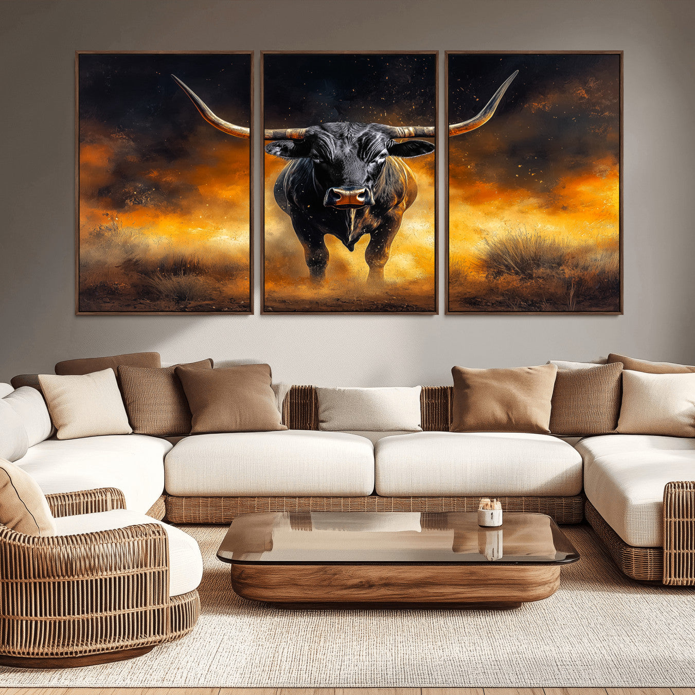 58293979-MGV-CV-36X24-Longhorn Canvas Wall Art Canvas Print – Framed Bold Bull Western Animal Dramatic Ranch Artwork for Home Office