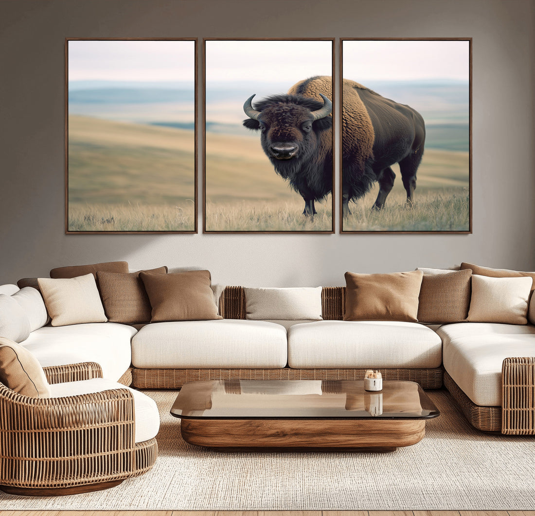 Bison Wall Art Canvas Print, Framed American Buffalo Rustic Western Artwork