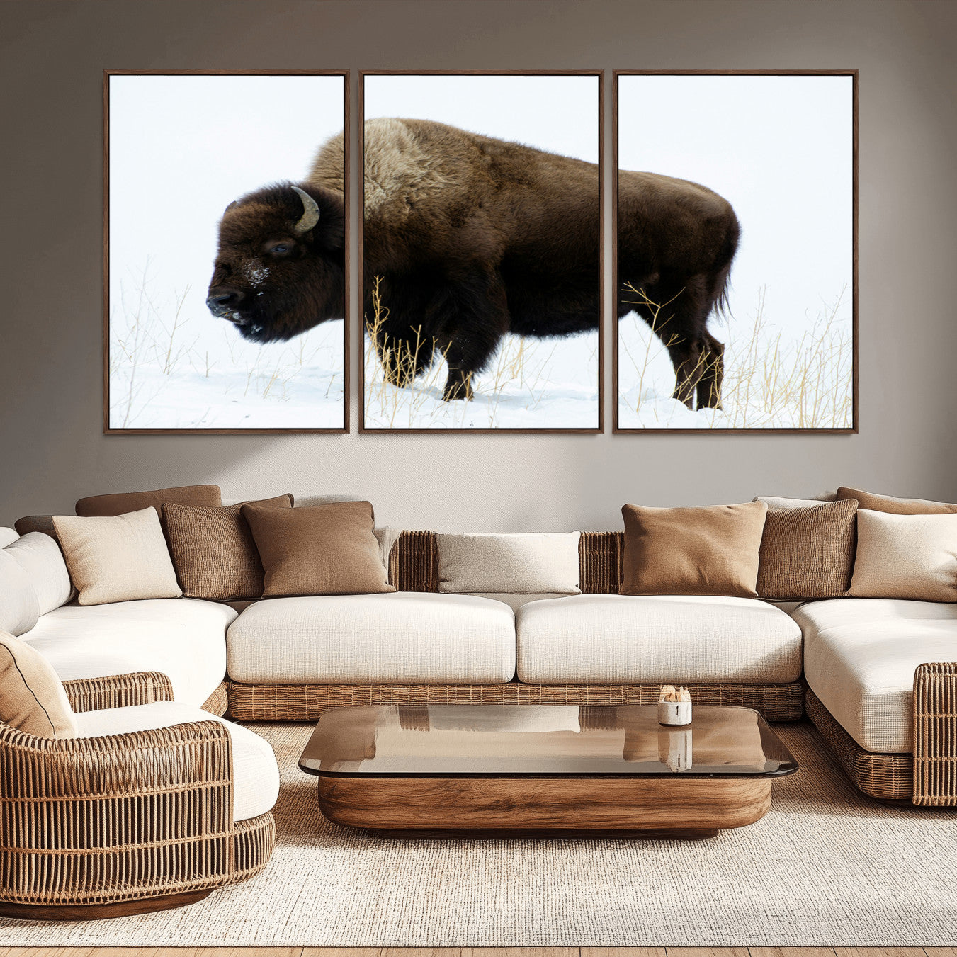 -Bison Wall Art Canvas Print – Framed Western Wildlife Buffalo Snow Rustic Nature Scene Artwork for Home Office