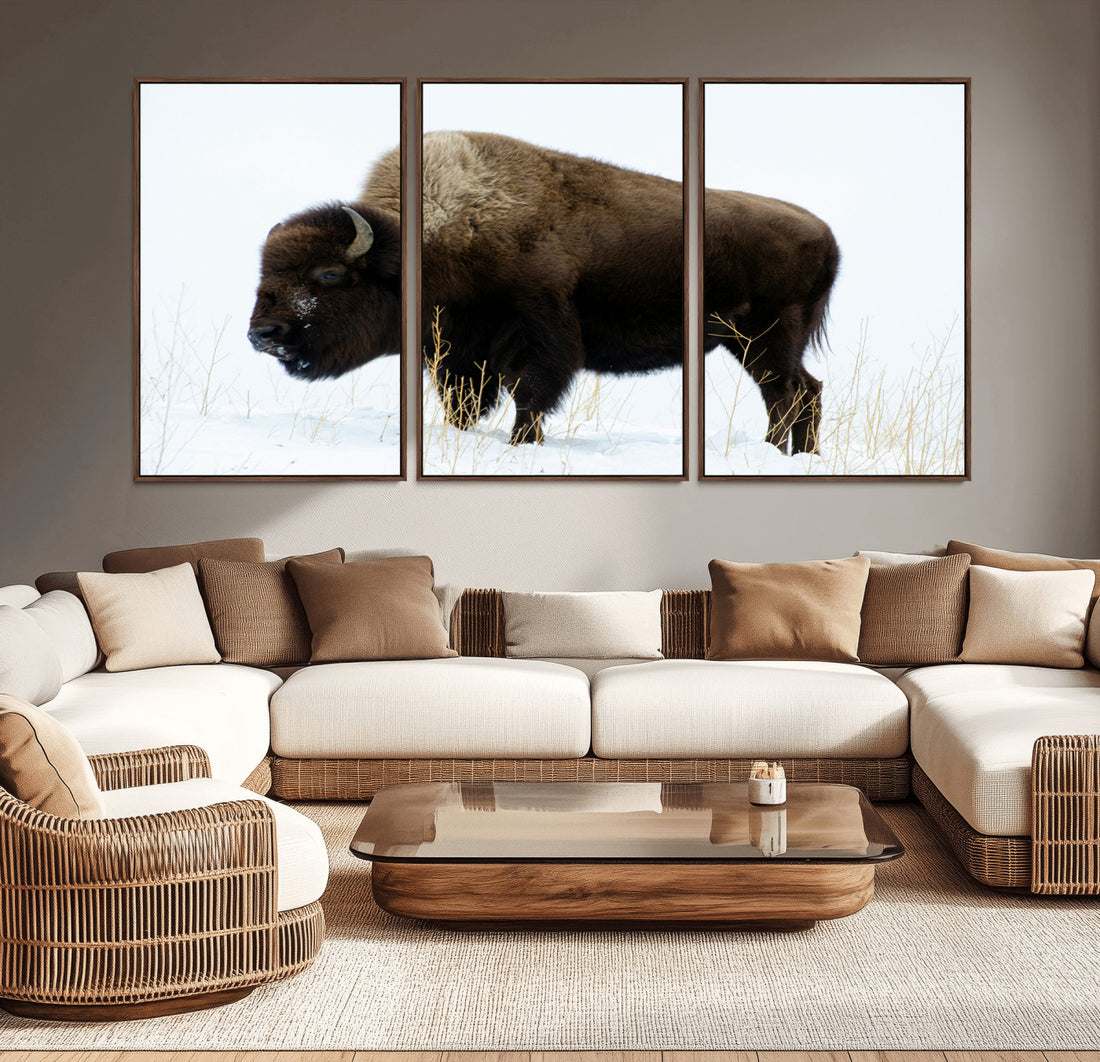 Bison Wall Art Canvas Print, Framed Western Wildlife Buffalo in Snow