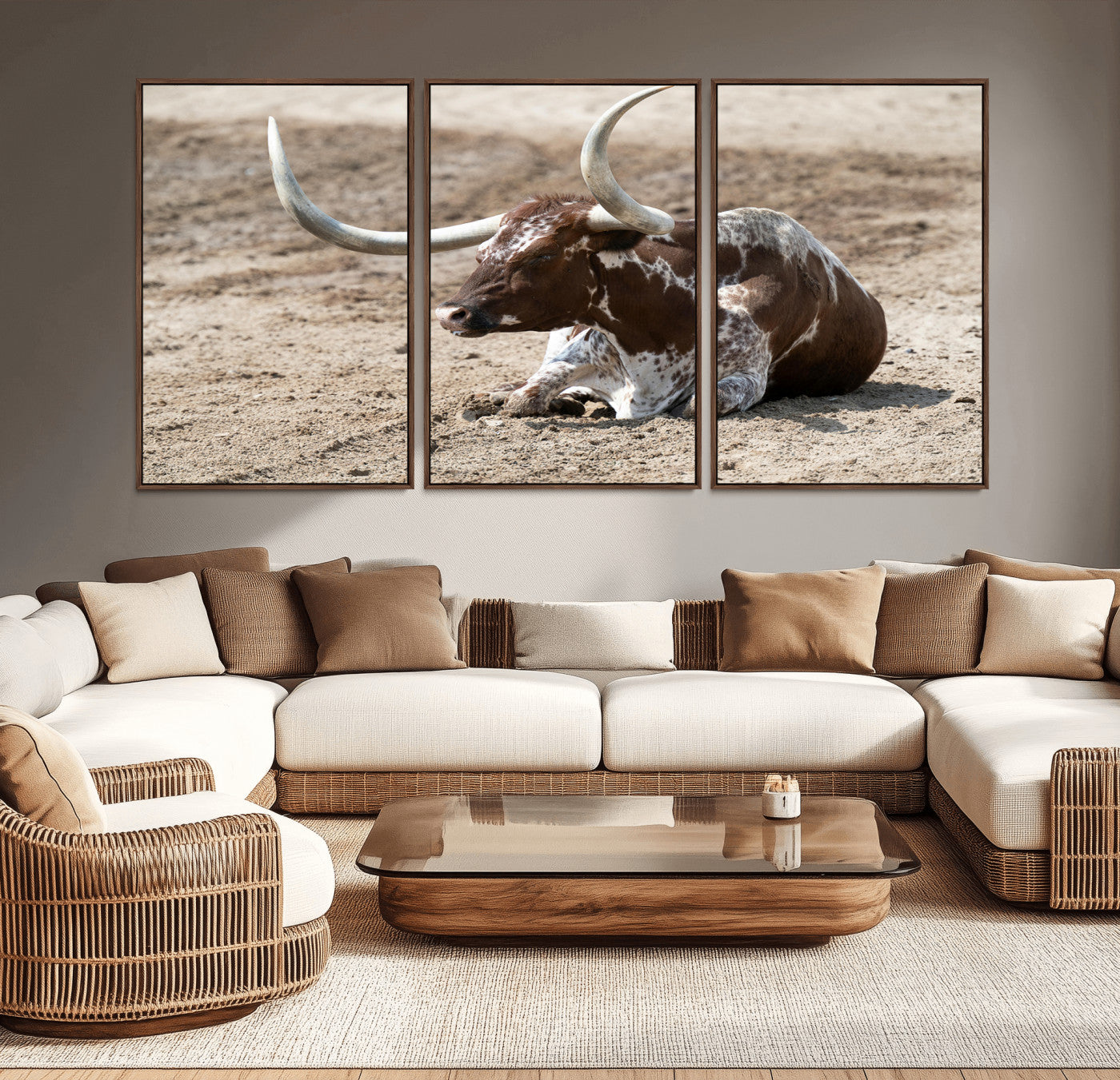 76549210-MGV-CV-36X24-Texas Longhorn Wall Art Canvas Print – Framed Country Living Farmhouse Rustic Cattle Scene Artwork for Home Office