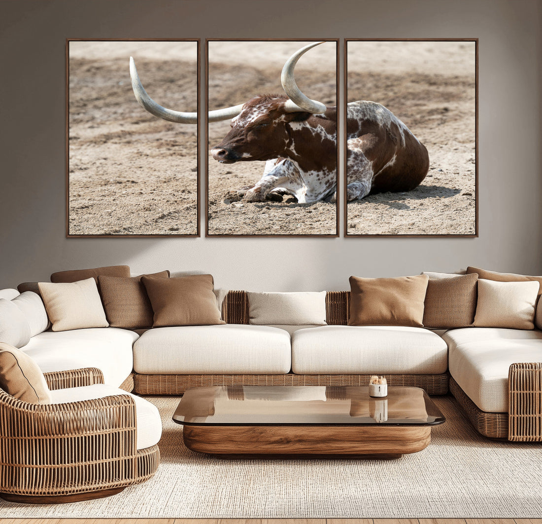 Texas Longhorn Wall Art Canvas Print, Framed Country Living Farmhouse