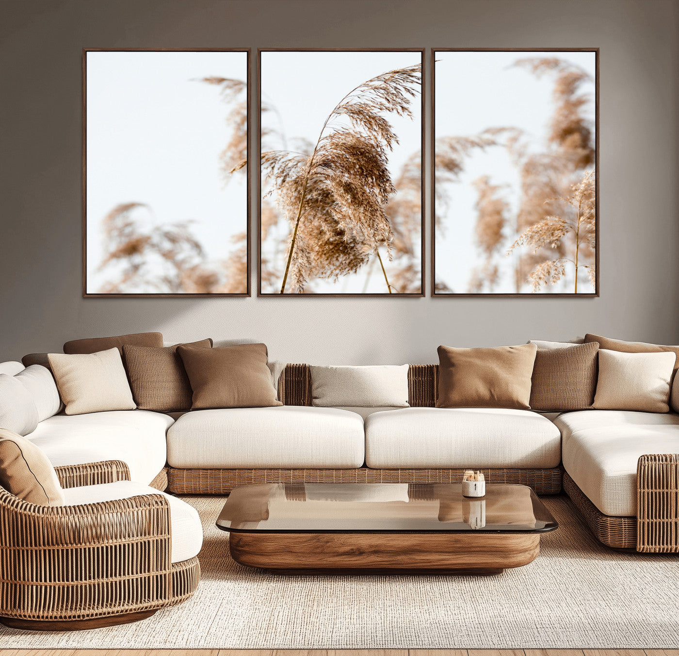 -Pampas Grass Wall Art Canvas Print – Framed Neutral Tones Minimalist Nature Boho Scene Artwork for Home Office