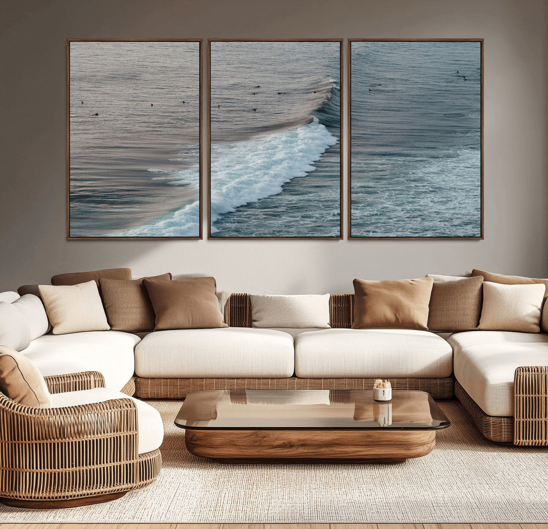 Ocean Waves Wall Art Canvas Print, Framed Coastal Serenity Surf Scene