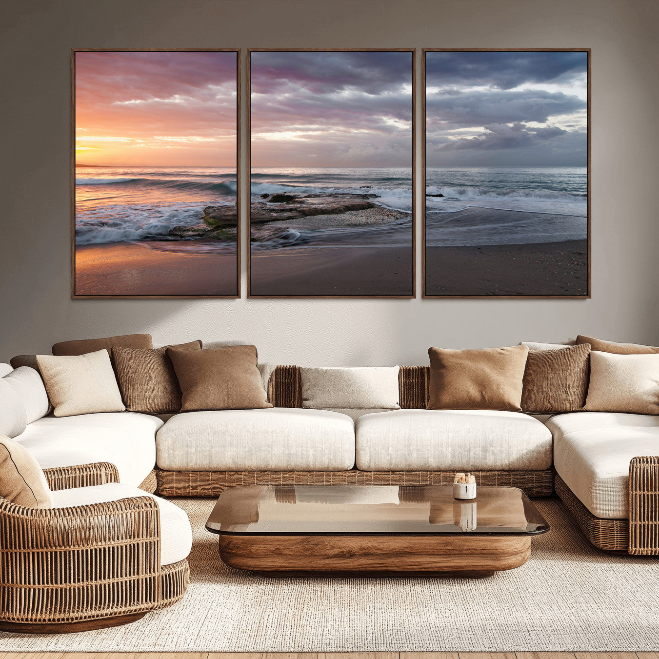 -Golden Hour Wall Art Canvas Print – Framed Tranquil Waves Beach Coastal Serenity Nature Scene Artwork for Home Office