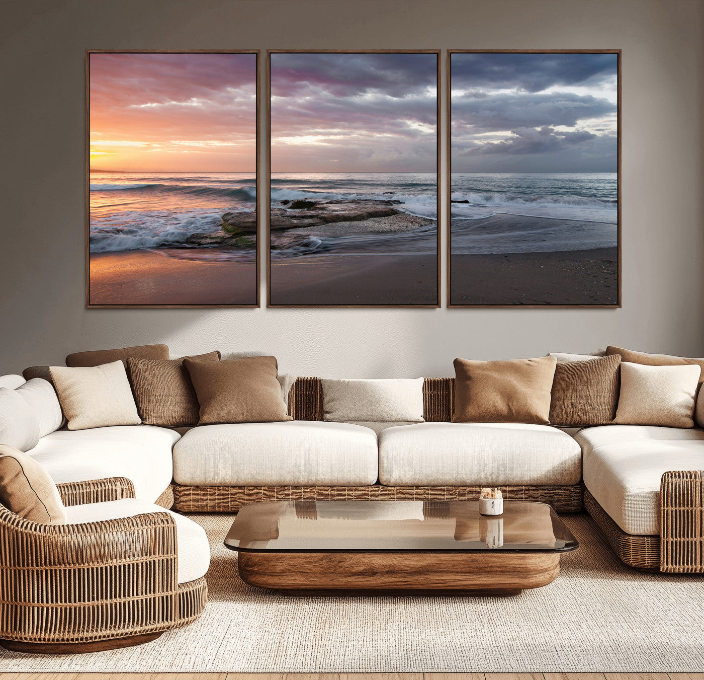 -Golden Hour Wall Art Canvas Print – Framed Tranquil Waves Beach Coastal Serenity Nature Scene Artwork for Home Office