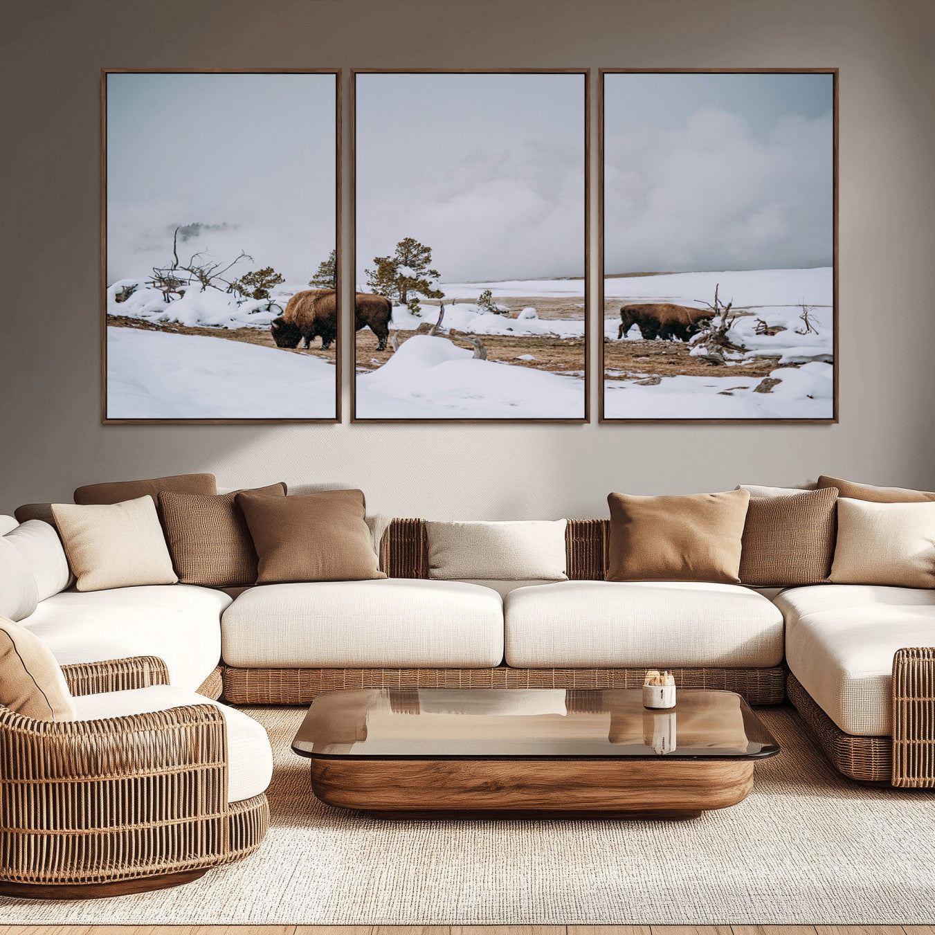 -Bison Wildlife Wall Art Canvas Print – Framed Snowy Prairie Western Rustic Nature Scene Artwork for Home Office