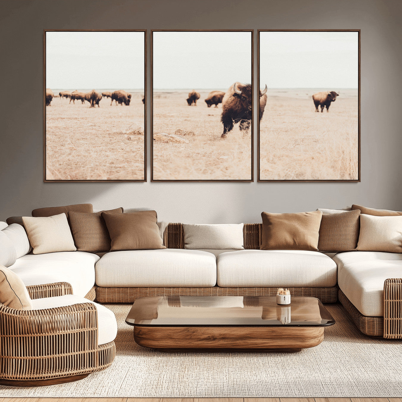 61367865-MGV-CV-36X24-Bison Herd Wall Art Canvas Print – Framed Western Prairie Serenity Ranch Nature Scene Artwork for Home Office