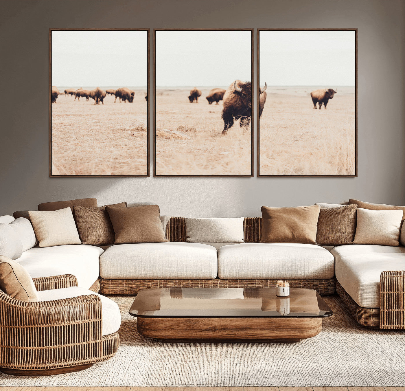 61367865-MGV-CV-36X24-Bison Herd Wall Art Canvas Print – Framed Western Prairie Serenity Ranch Nature Scene Artwork for Home Office
