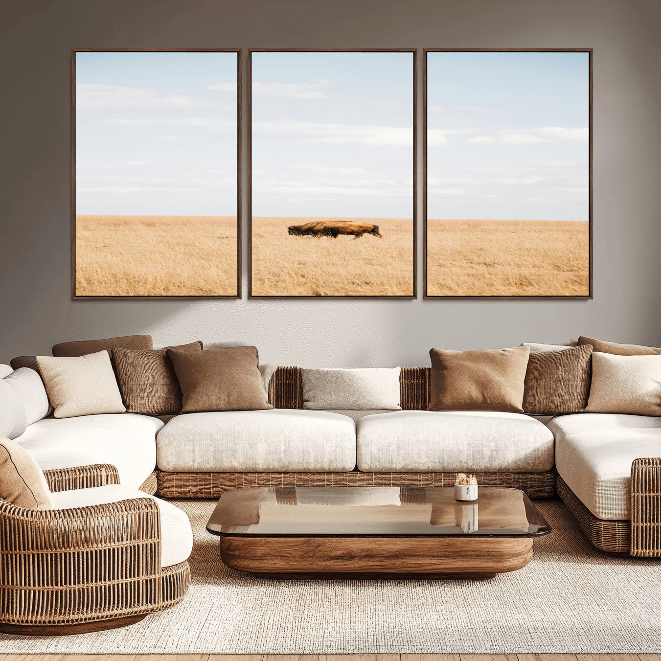MGV-FC-60X30-3P - Minimalist Nature Wall Art Canvas Print, Framed Bison In Grassland Art Picture Print, Open Field Perfect Modern Ranch Decor Decor Artwork