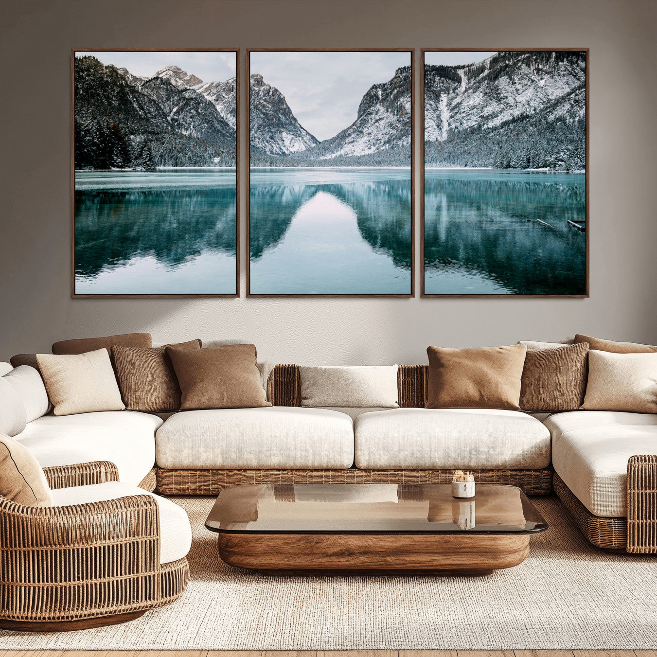 73098373-MGV-CV-36X24-Mountain Lake Wall Art Canvas Print – Framed Snowy Peaks Wonderland Nature Scene Artwork for Home Office