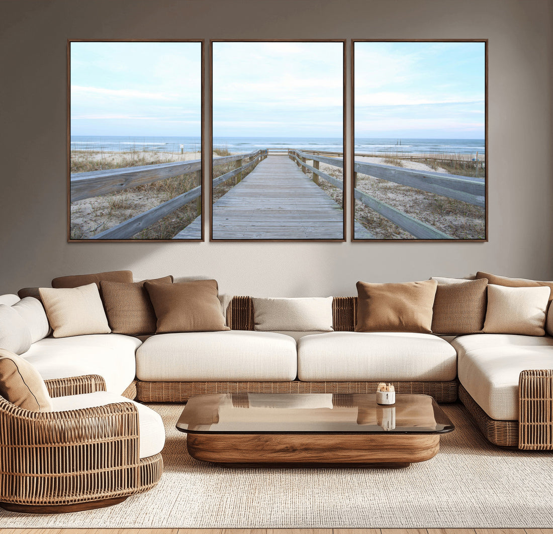 Beach Boardwalk Wall Art Canvas Print, Framed Coastal Serenity Ocean View