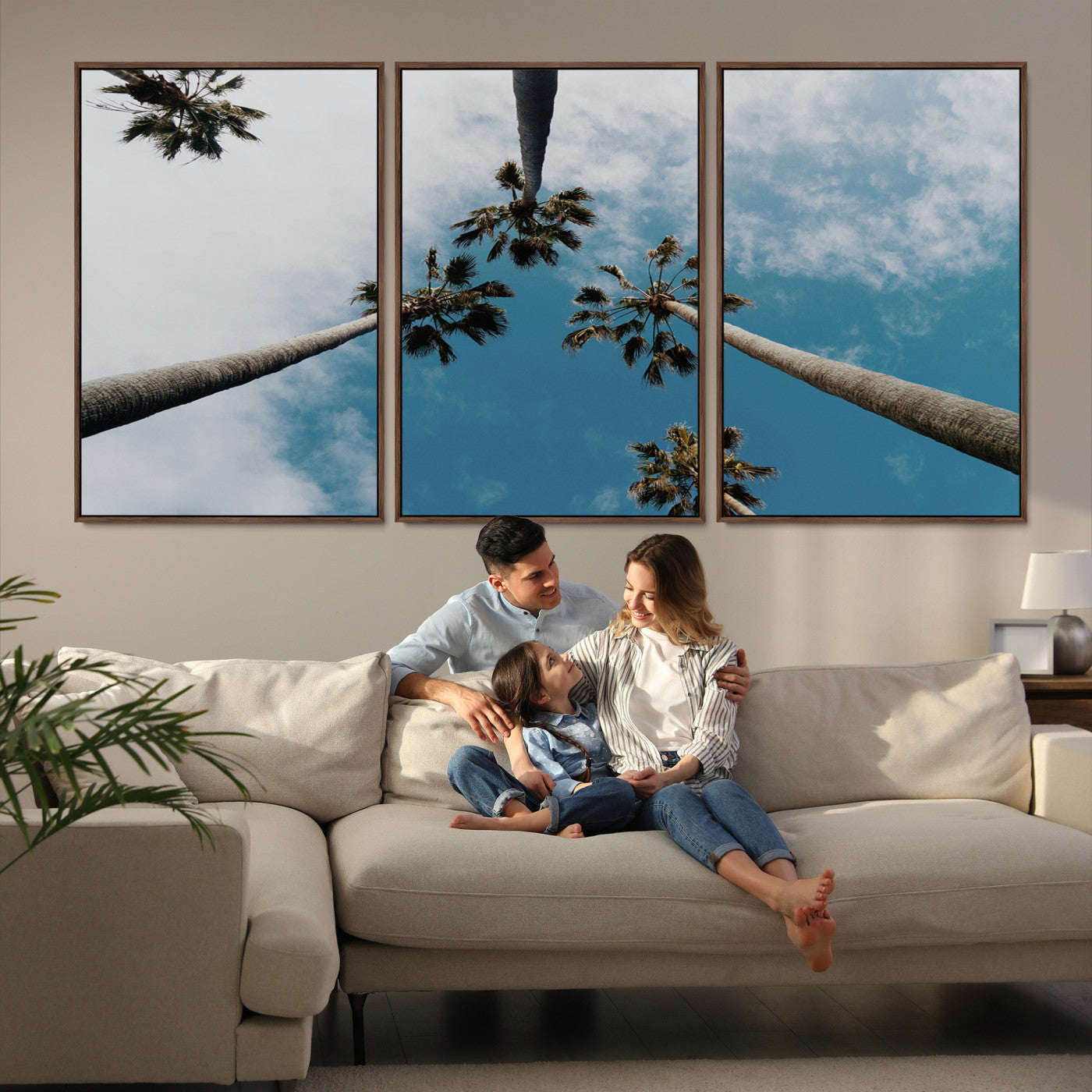 45236398-MGV-FC-60X30-3P-Tropical Palm Trees Wall Art Canvas Print – Framed California Sky Minimalist Nature Scene Artwork for Home Office