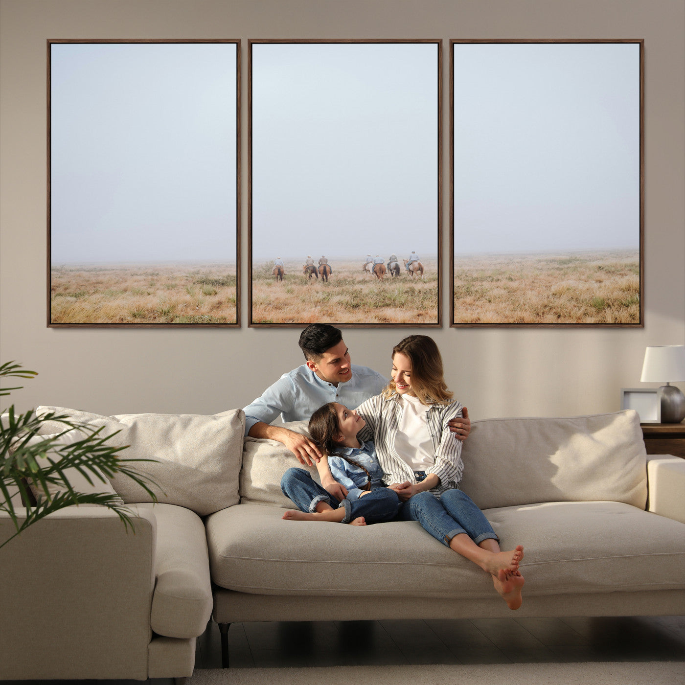 14761944-MGV-FC-60X30-3P-Foggy Plains Wall Art Canvas Print – Framed Horseback Riders Rustic Western Landscape Scene Artwork for Home Office