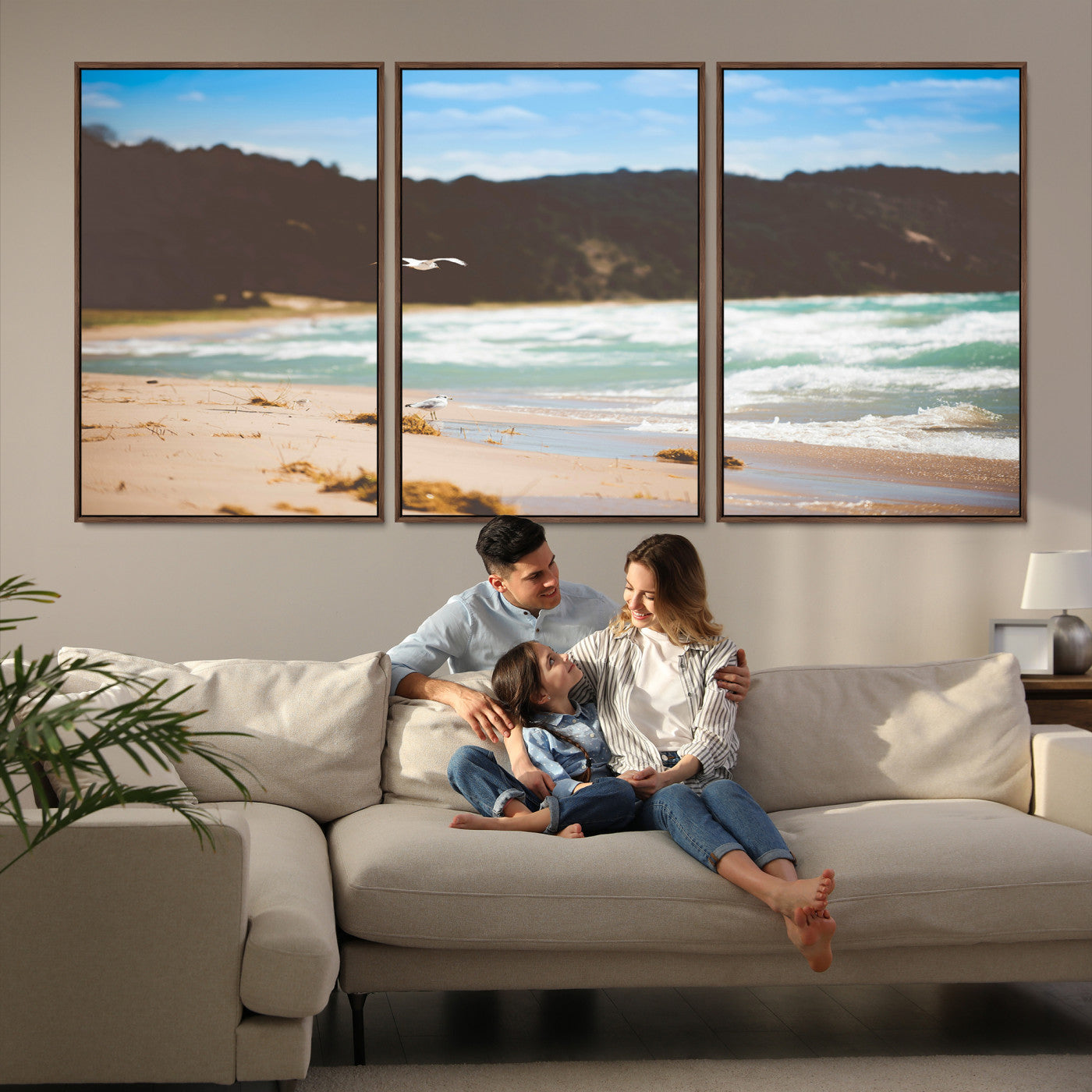 84260965-MGV-FC-60X30-3P-Tranquil Beach Scene Wall Art Canvas Print – Framed Blue Ocean Waves Sandy Shore Coastal Nature Artwork for Home Office