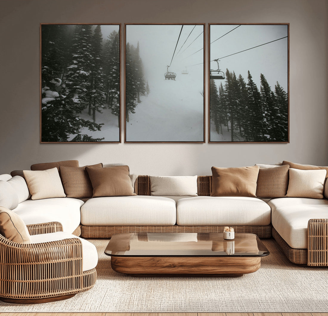 Ski Lift Wall Art Canvas Print, Framed Snowy Pines Art, Misty Landscape Winter Decor