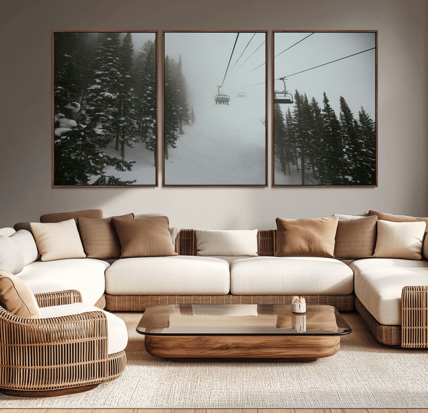 87018452-MGV-CV-36X24-Ski Lift Wall Art Canvas Print – Snowy Pines Misty Landscape Winter Serenity Artwork for Home, Office Decor