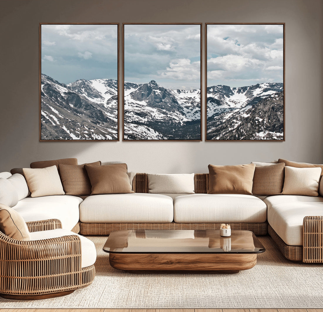 Snowy Peaks Wall Art Canvas Print, Framed Alpine Wilderness Art, Mountain Escape Winter Decor