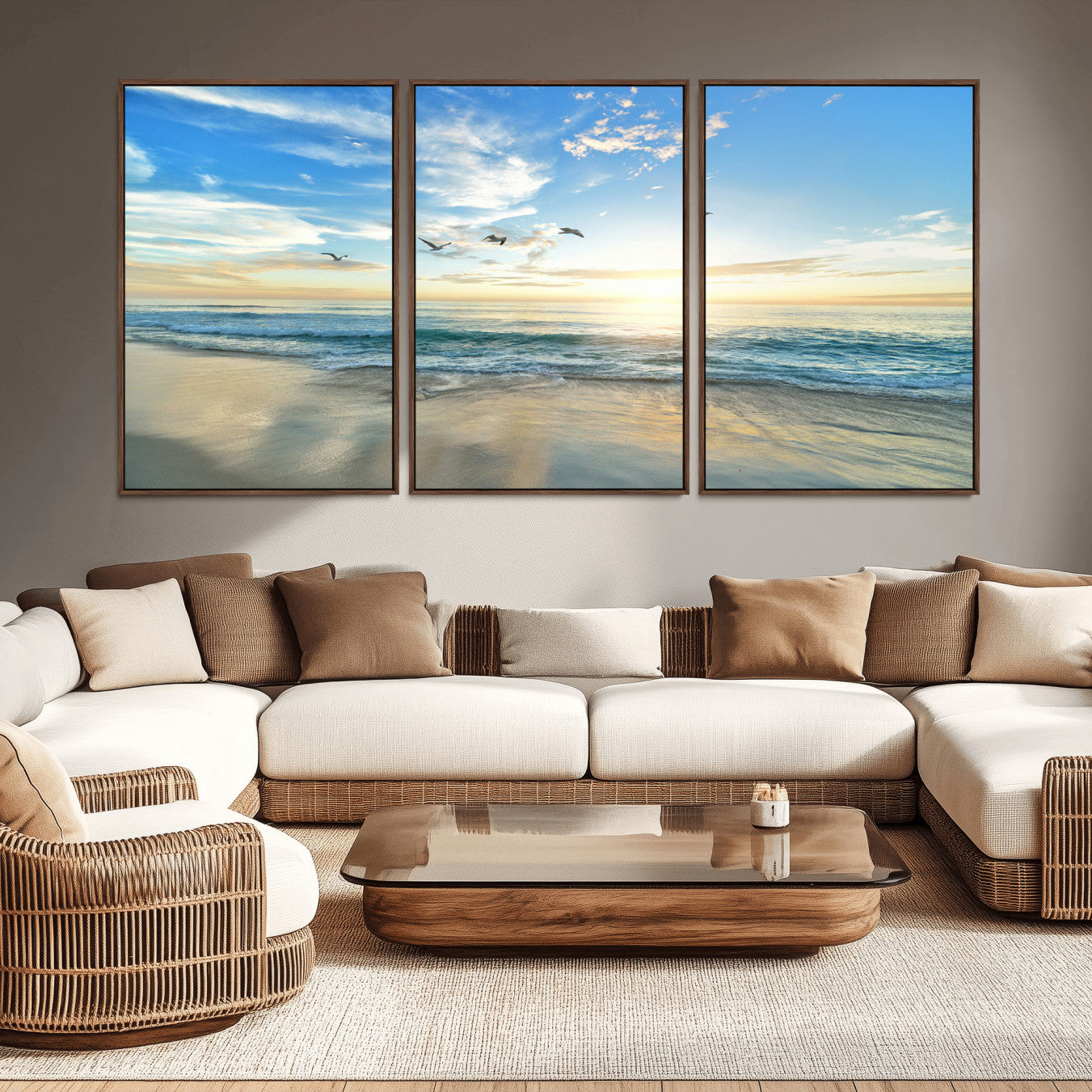 20708696-MGV-CV-36X24-Minimalist Seaside Wall Art Canvas Print – Morning Glow Golden Reflections Coastal Nature Artwork for Home, Office