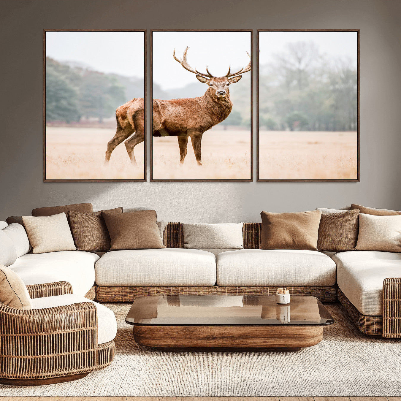 -Vintage Wildlife Wall Art Canvas Print – Misty Landscape Deer Rustic Nature Photography Artwork for Home, Office