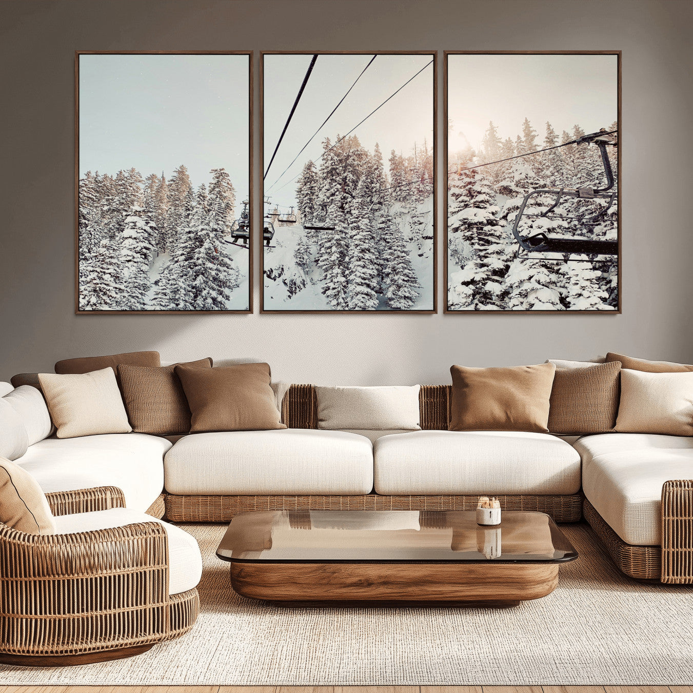 91534512-MGV-CV-36X24-Frosty Pines Wall Art Canvas Print – Framed Cozy Cabin Ski Lift Ride Winter Scene Artwork for Home Office