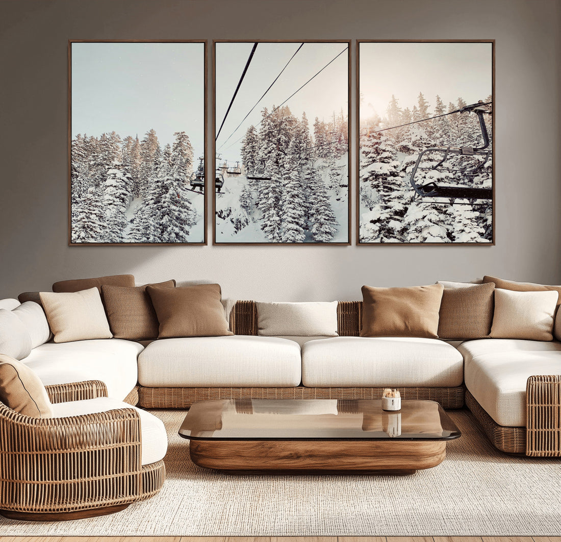 Frosty Pines Wall Art Canvas Print, Framed Cozy Cabin View Art, Ski Lift Ride Rustic Lodge Decor