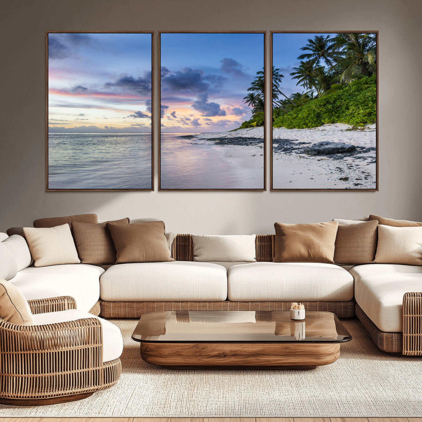 -Tropical Beach Wall Art Canvas Print, Framed Sunset Glow Art Picture Print, Palm Tree Coast Perfect Tropical Coastal Decor Artwork