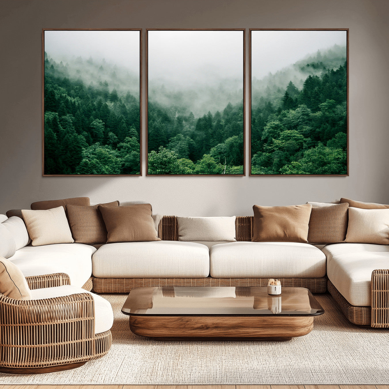 45265379-MGV-CV-36X24-Misty Green Forest Canvas Print – Framed Serene Foggy Pine Landscape Tranquil Nature Wall Art for Home, Office