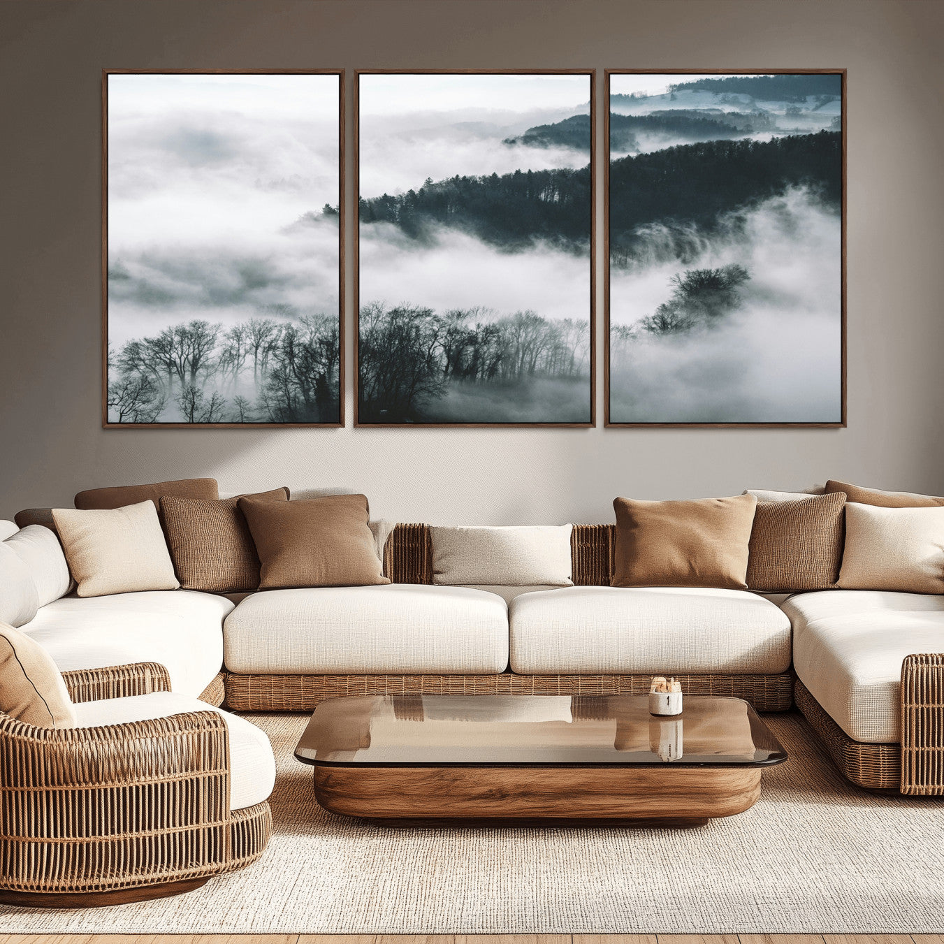 67569654-MGV-CV-36X24-Foggy Forest Landscape Wall Art Canvas Print – Misty Mountain Valley Scene Monochrome Tones Nature Artwork for Home Office