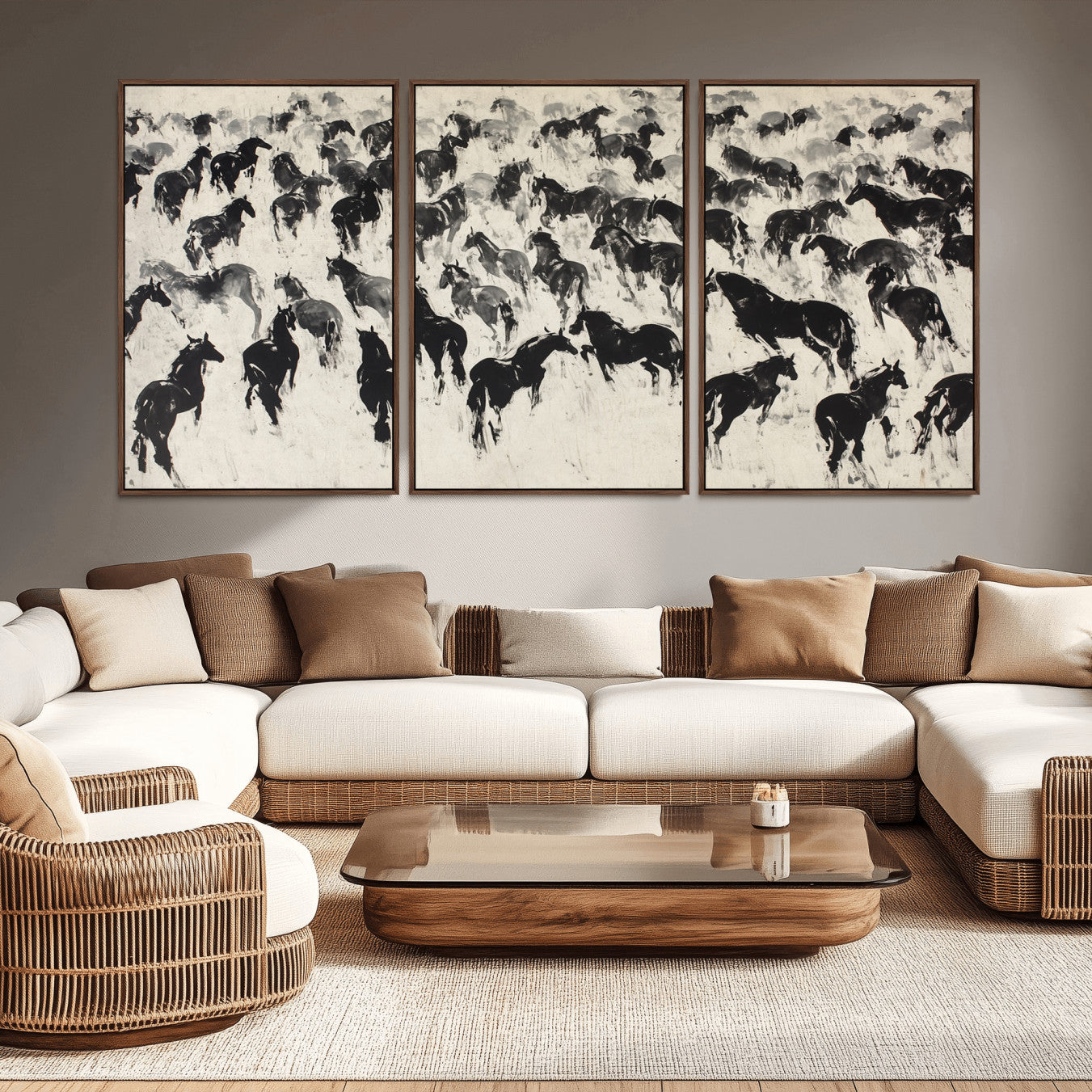 29265745-MGV-CV-36X24-Wild Horse Stampede Wall Art Canvas Print – Monochrome Running Horses Dynamic Motion Elegant Scene Artwork for Home, Office