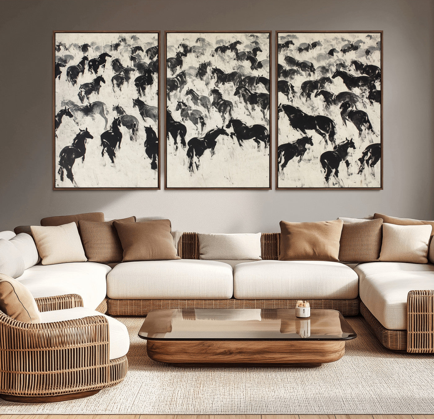 -Wild Horse Stampede Wall Art Canvas Print – Monochrome Running Horses Dynamic Motion Elegant Scene Artwork for Home, Office