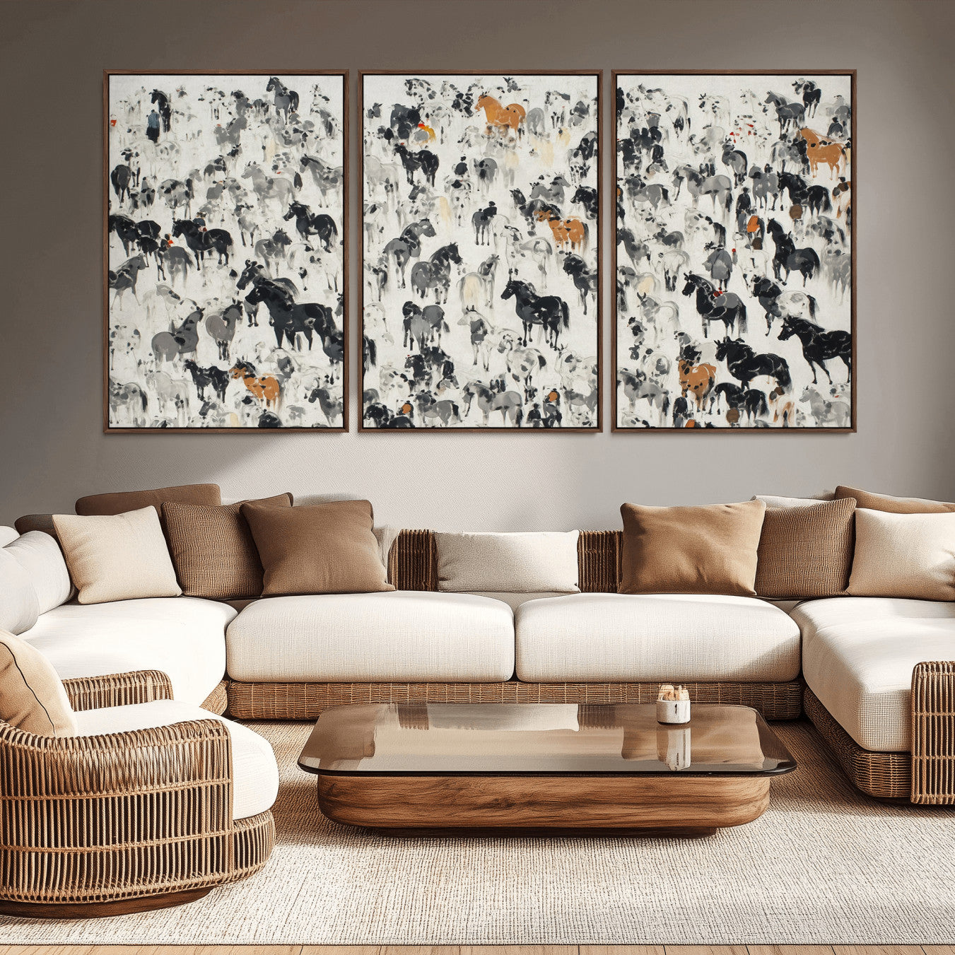 56463722-MGV-CV-36X24-Wild Horse Stampede Wall Art Canvas Print – Monochrome Running Horses Dynamic Motion Elegant Scene Artwork for Home, Office