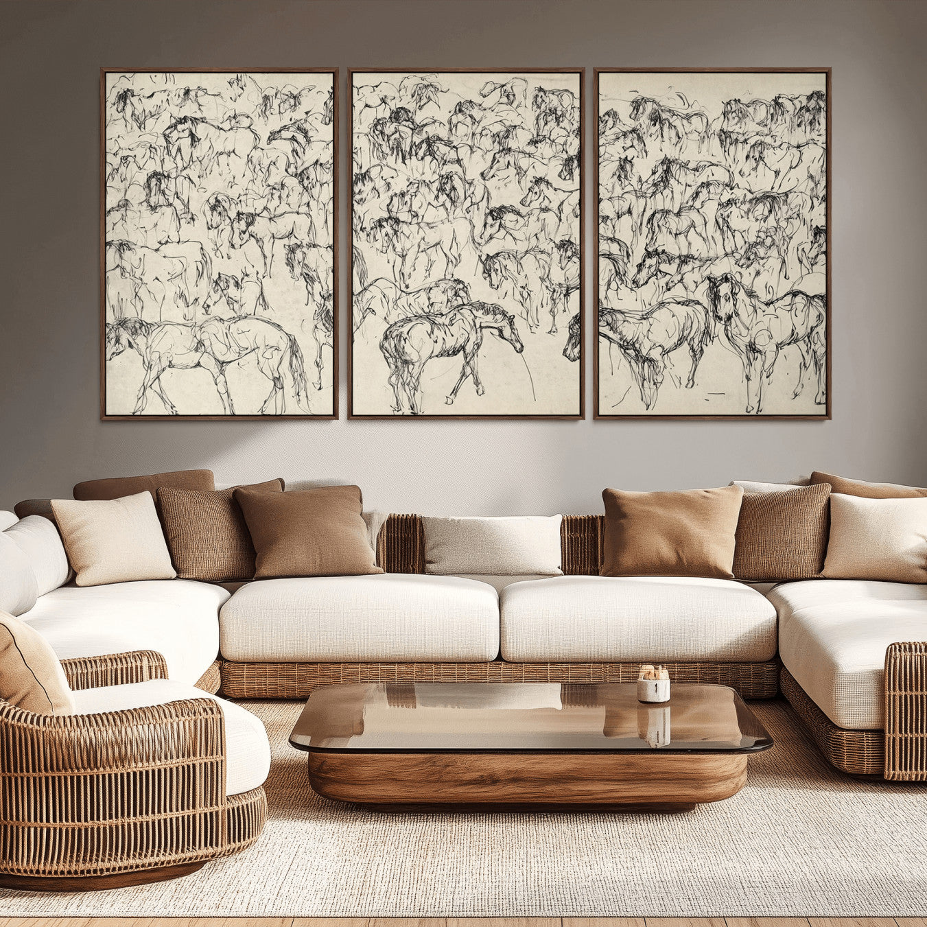 86653927-MGV-CV-36X24-Wild Horse Stampede Wall Art Canvas Print – Monochrome Running Horses Dynamic Motion Elegant Artwork for Home, Office