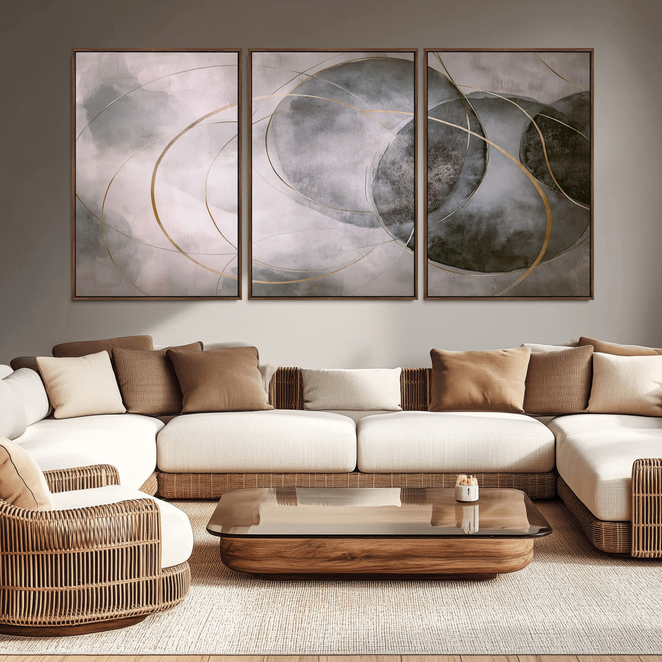 20066876-MGV-CV-36X24-Abstract Grey Gold Circle Wall Art – Modern Geometric Canvas Artwork, Minimal Elegant Design, Luxury Wall Decor for Home, Office