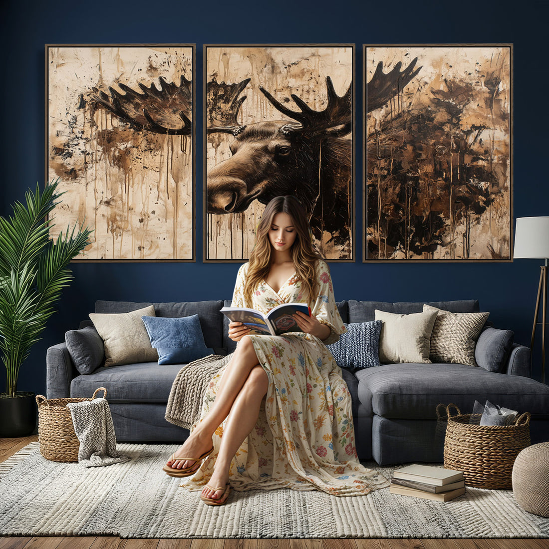 Moose Canvas Wall Art, Rustic Wildlife Painting Print