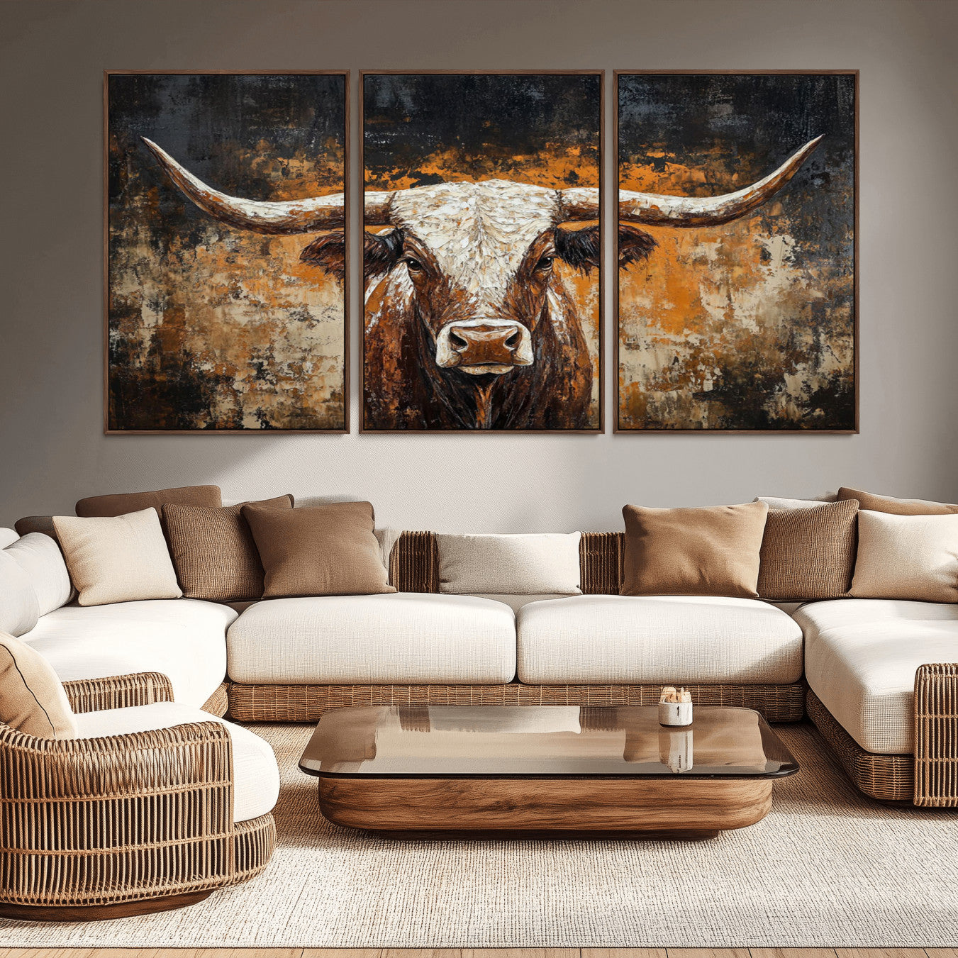 25265572-MGV-CV-36X24-Rustic Longhorn Bull Wall Art Canvas Print – Vintage Western Cattle Scene, Texas Steer Artwork for Home, Office