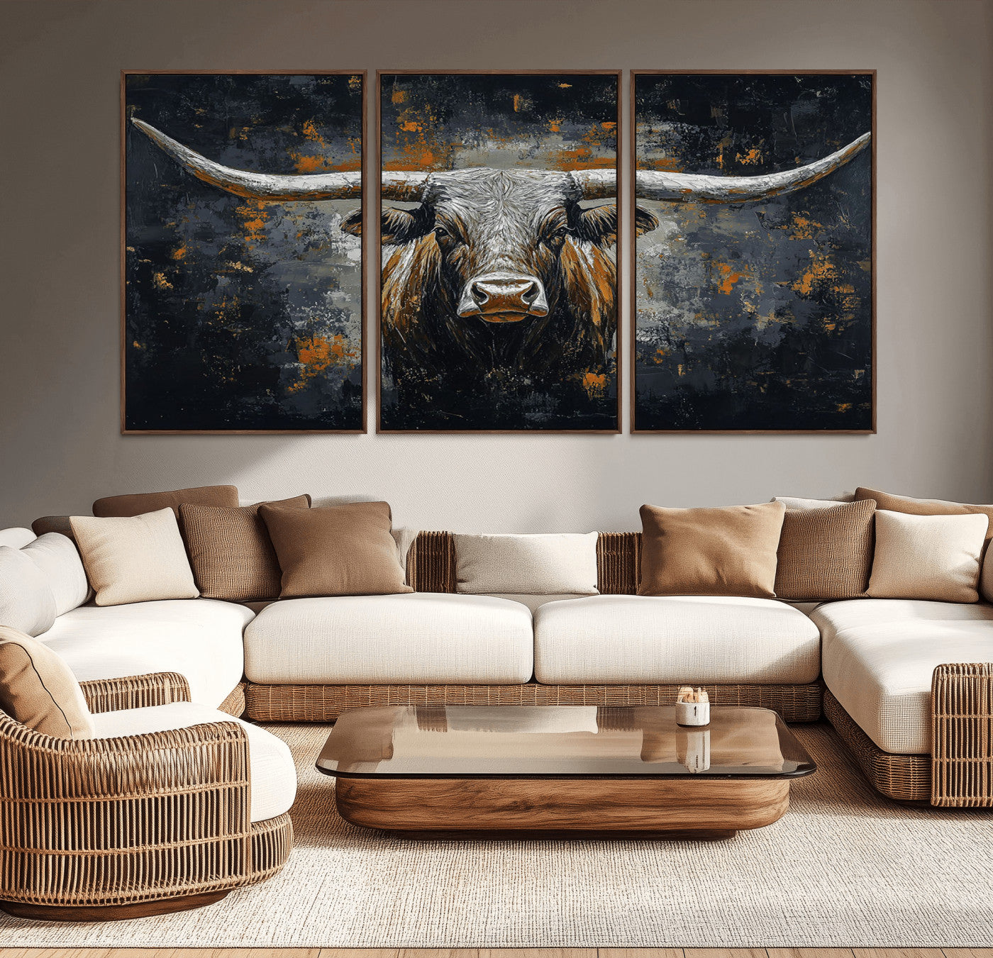 93195031-MGV-CV-36X24-Rustic Longhorn Bull Wall Art Canvas Print – Vintage Western Cattle Scene, Texas Steer Artwork for Home, Office