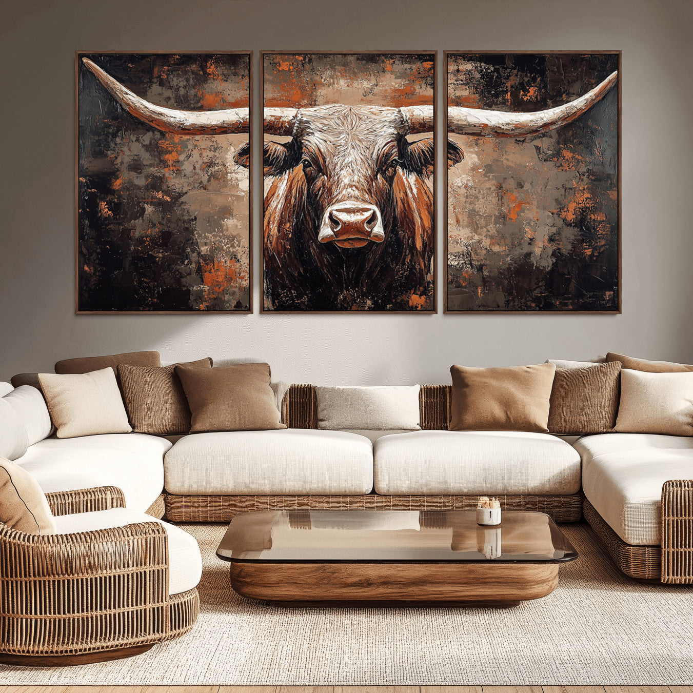 42732393-MGV-CV-36X24-Rustic Longhorn Bull Wall Art Canvas Print – Vintage Western Cattle Scene, Texas Steer Artwork for Home, Office