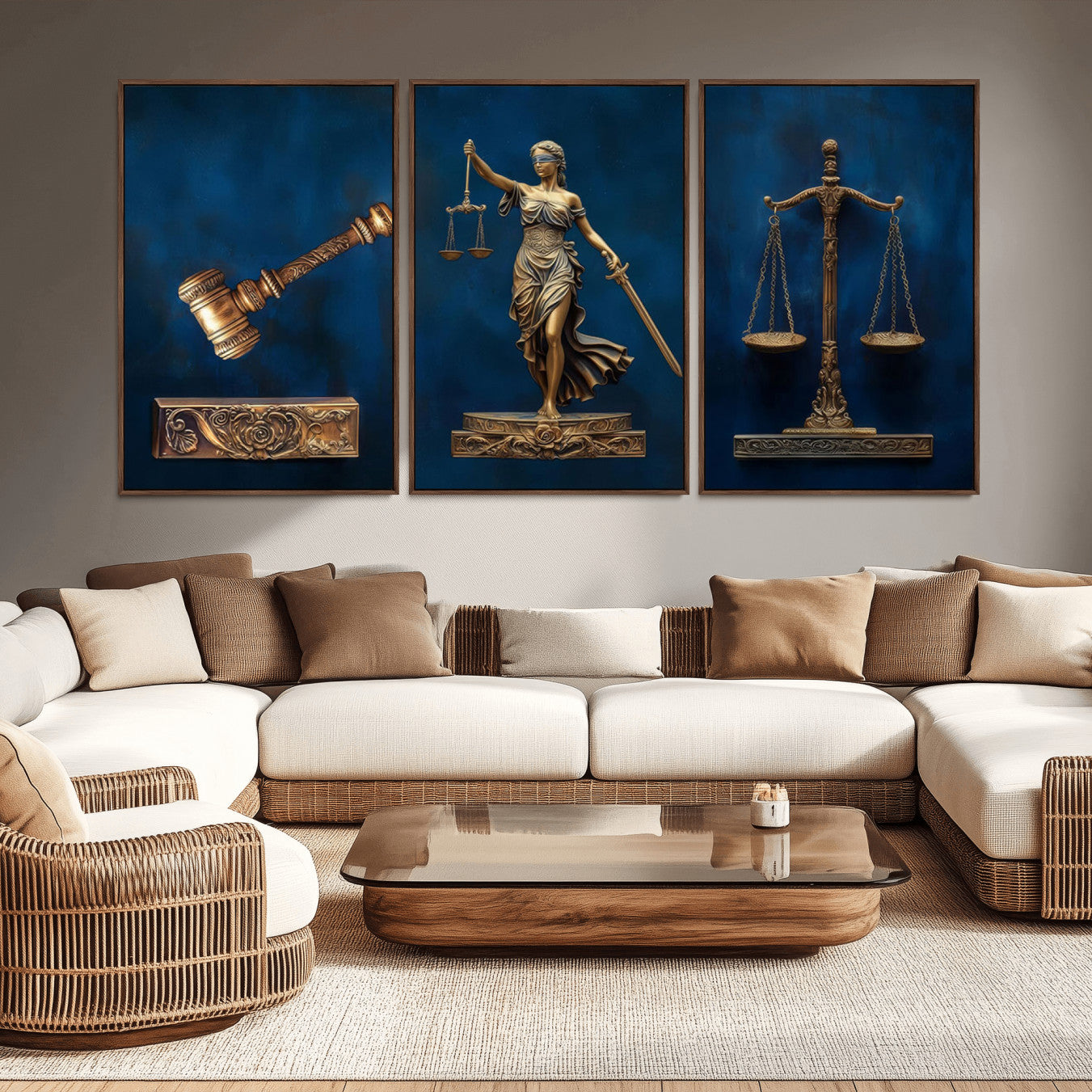 91629053-MGV-CV-36X24-Lady Justice Wall Art Canvas Print – Elegant Gold Legal Symbols Blue Background Artwork for Home, Office, Living Room