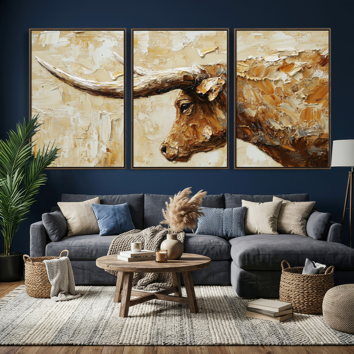 69611428-MGV-CV-36X24 - Rustic Longhorn Bull Wall Art Canvas Print – Vintage Western Cattle Painting, Texas Abstract Wall Cow Prints