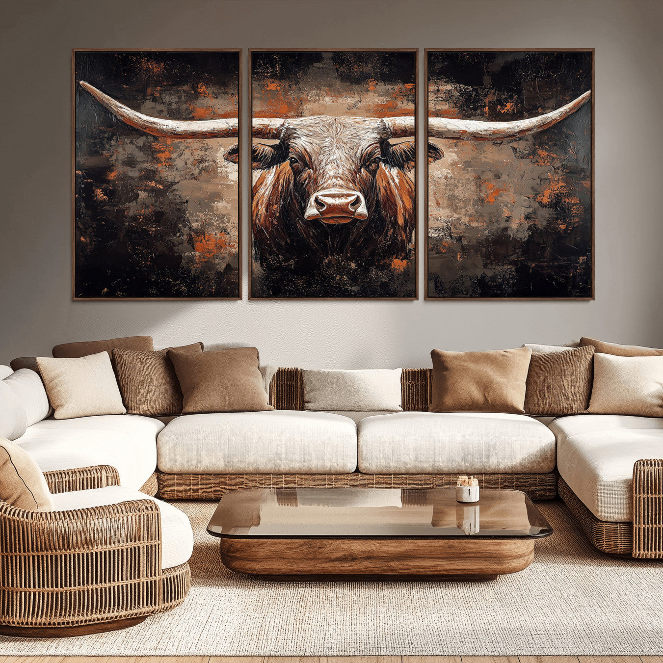 -Rustic Longhorn Bull Wall Art Canvas Print – Vintage Western Cattle Scene, Texas Steer Artwork for Home, Office