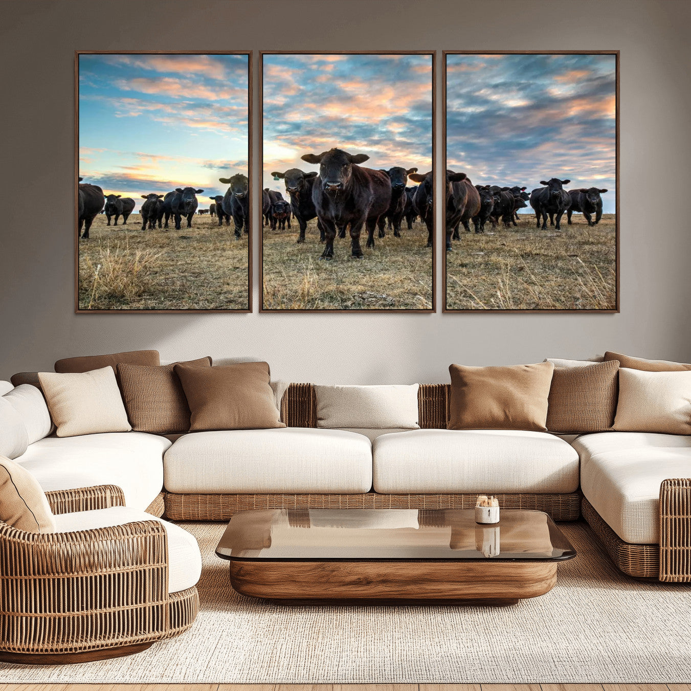 -Texas Longhorn Cattle Wall Art Canvas Print – Rustic Western Ranch Scene with Steers Sunset for Home, Office