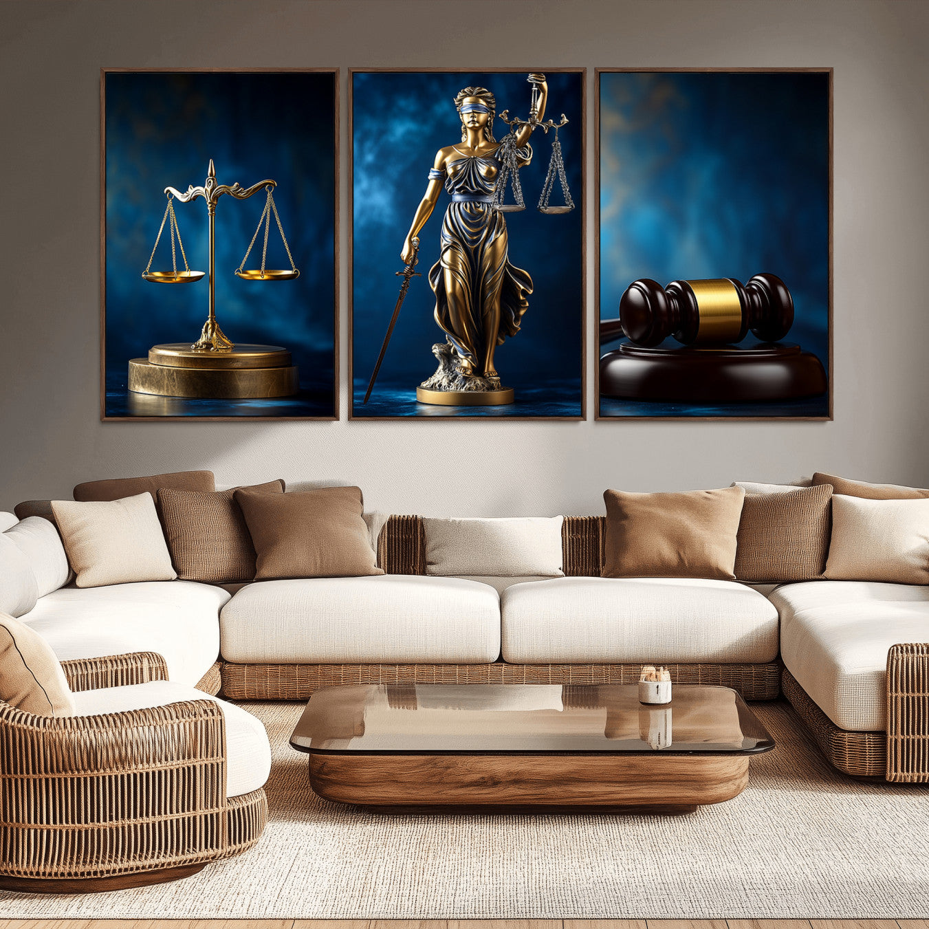 33888279-MGV-FP-36X24-3P_Walnut-Lady Justice Wall Art Canvas Print – Elegant Gold Legal Symbols Blue Background, Perfect for Law