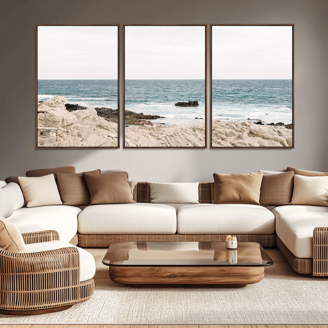 -Coastal Ocean View Wall Art Canvas Print – Serene Rocky Shoreline and Blue Sea Photography for Home, Office