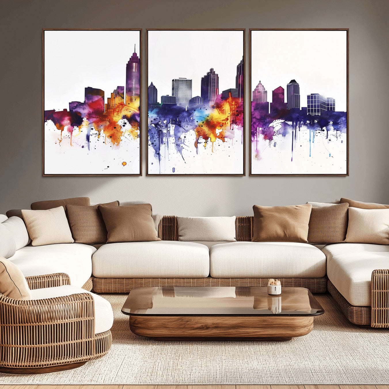 34479880-MGV-CV-36X24-Atlanta Skyline Wall Art Canvas Print – Framed Colorful Watercolor Cityscape Artwork for Home, Office, Living Room