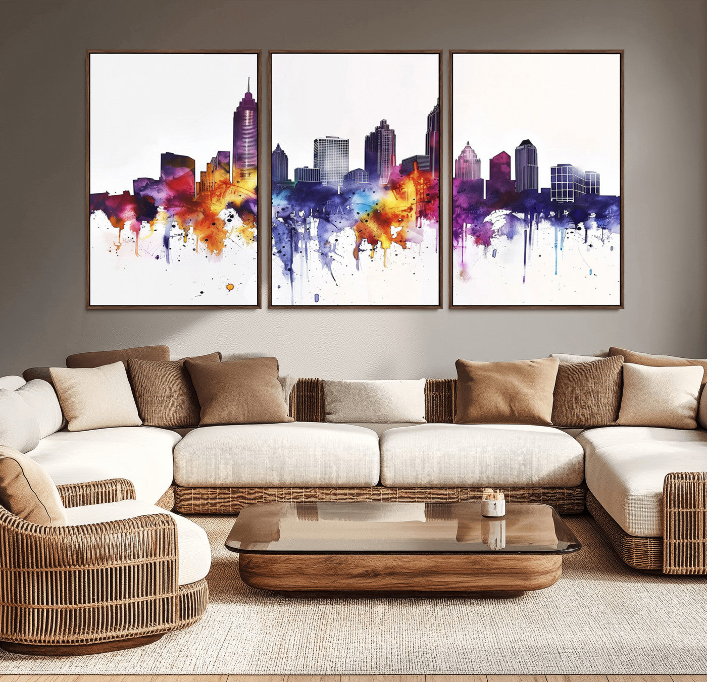 34479880-MGV-CV-36X24-Atlanta Skyline Wall Art Canvas Print – Framed Colorful Watercolor Cityscape Artwork for Home, Office, Living Room