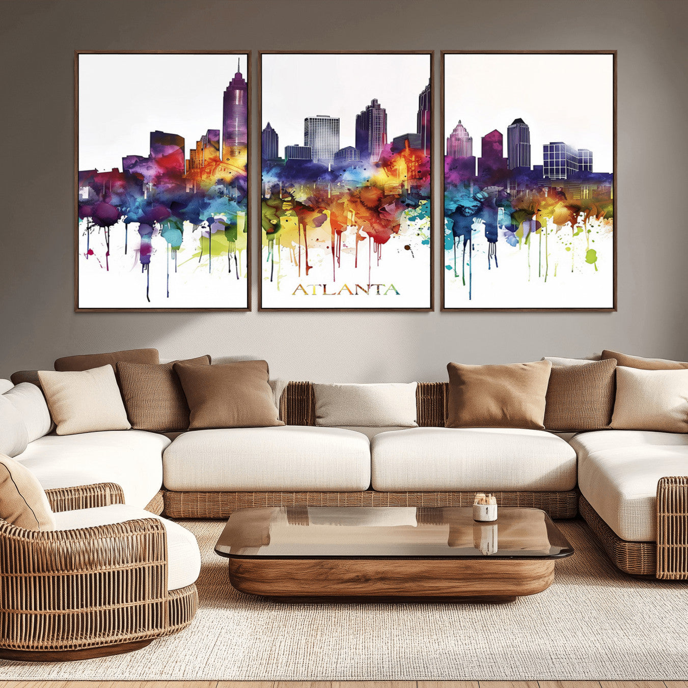 36048320-MGV-CV-36X24-Atlanta Skyline Wall Art Canvas Print – Framed Colorful Watercolor Cityscape Abstract Urban Artwork for Home, Office