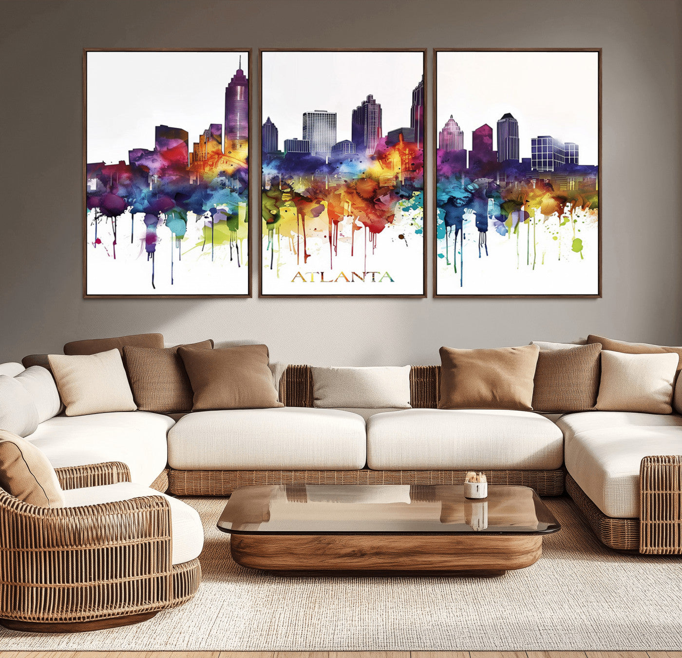 36048320-MGV-CV-36X24-Atlanta Skyline Wall Art Canvas Print – Framed Colorful Watercolor Cityscape Abstract Urban Artwork for Home, Office