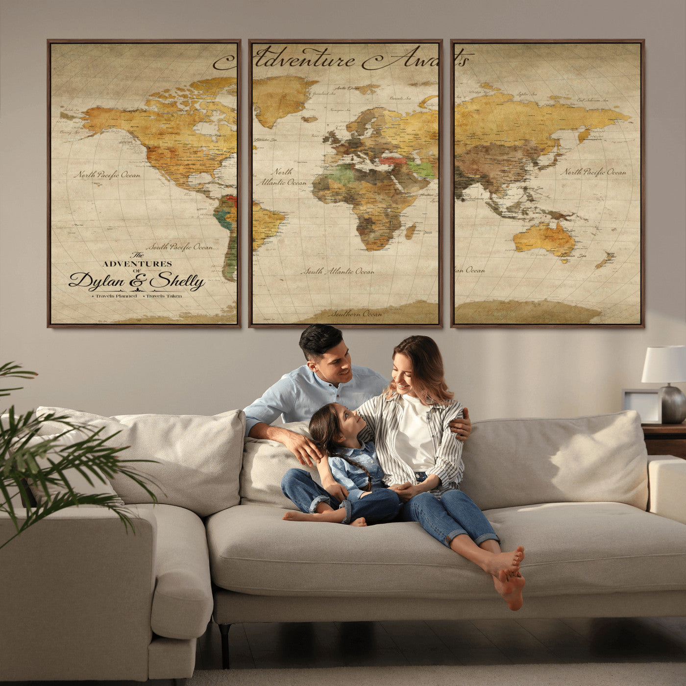 50298017-MGV-FC-60X30-3P_Walnut-Personalized World Map Canvas – Custom Framed Push Pin Travel Map Wall Art, Vintage Style Gift for Couples and Travelers
