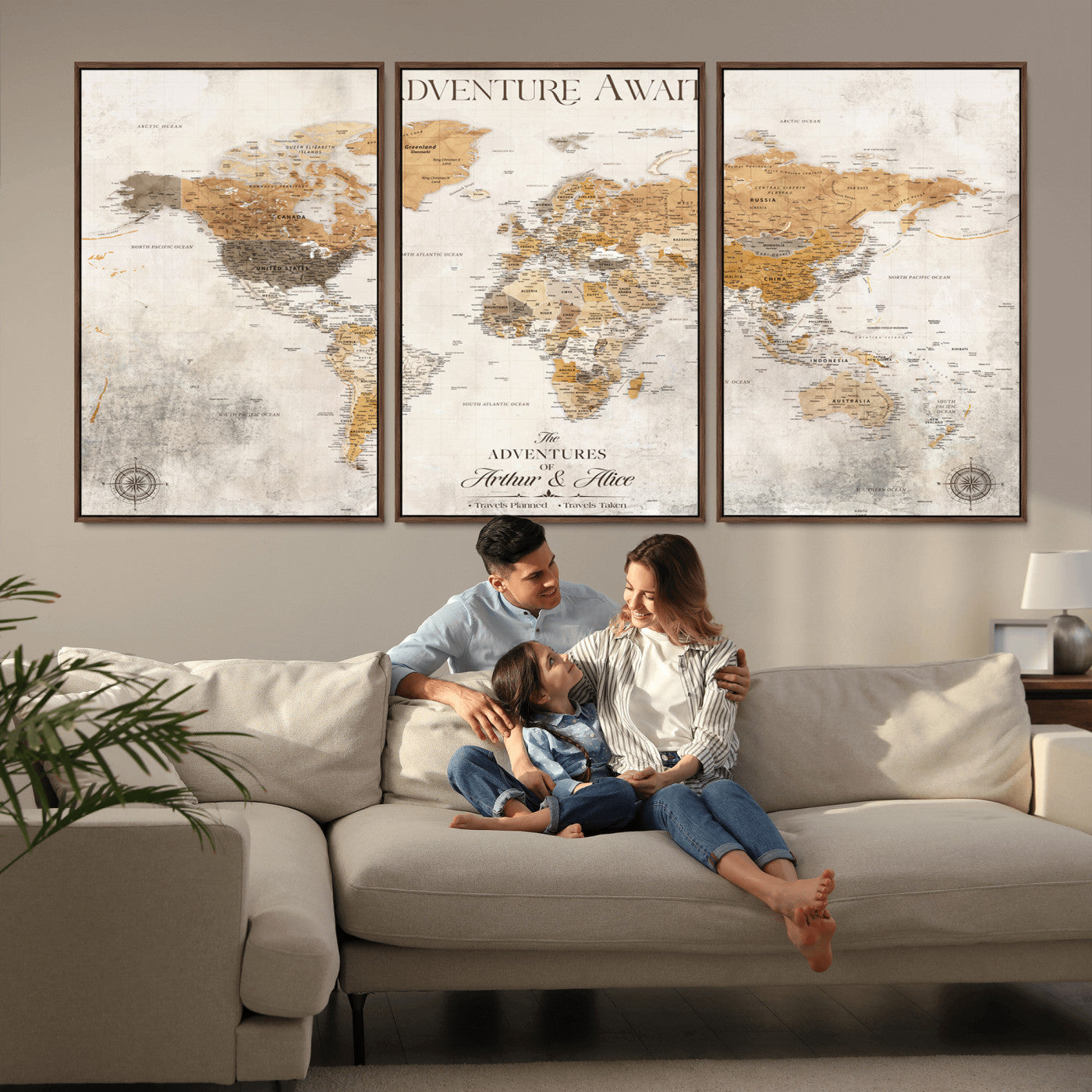 Rehber01-MGV-CV-36X24-Personalized World Map Canvas Print – Custom Push Pin Travel Map Vintage Neutral Style Gift for Couples Travelers for Home Office